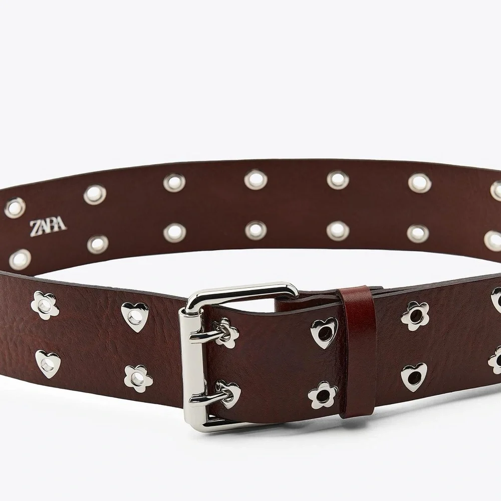 Zara‎ LEATHER HEARTS AND FLOWERS BELT Dark Brown Belt with Silver Details
